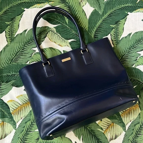 Kate Spade • Navy Scallop Leather Tote w/ Bow Interior - Picture 1 of 12